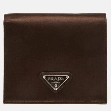 Pre Owned Prada Dark Brown Satin Triangle Logo Compact Bifold Wallet