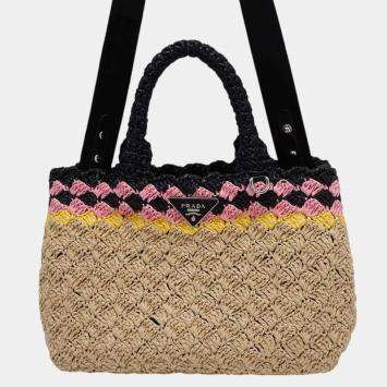 Pre Owned Prada Beige/Black Raffia Canapa handbag