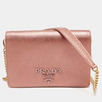 Pre Owned Prada Rose Gold Saffiano Lux Leather Flap Clutch Bag