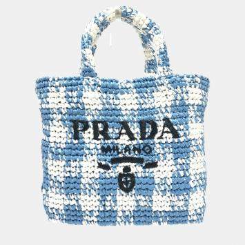 Pre Owned Prada Raffia Blue Small Crochet Basket Tote Bag