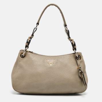 Pre Owned Prada Grey Vitello Daino Leather Logo Hobo