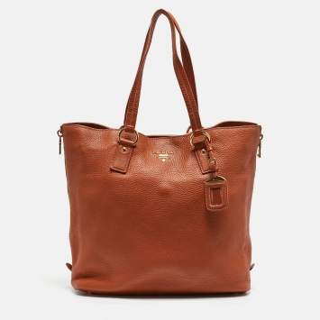 Pre Owned Prada Brown Vitello Daino Leather Side Zip Tote