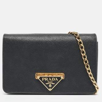 Pre Owned Prada Black Saffiano Leather Wallet on Chain