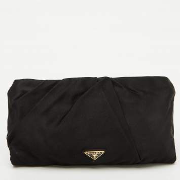 Pre Owned Prada Black Satin Raso Rose Zip Pouch Clutch