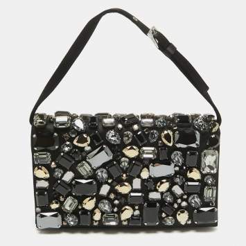 Pre Owned Prada Black Satin Crystals Embellished Flap Clutch Bag