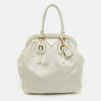 Pre Owned Prada White Woven Leather Madras Frame Satchel