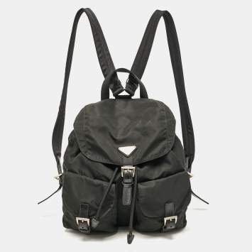Pre Owned Prada Black Leather and Nylon Double Pocket Backpack
