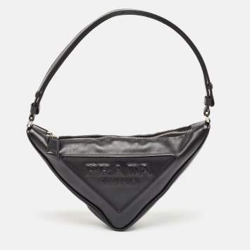 Pre Owned Prada Black Leather Triangle Logo Shoulder Bag