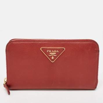 Prada Red Saffiano Leather Zip Around Wallet