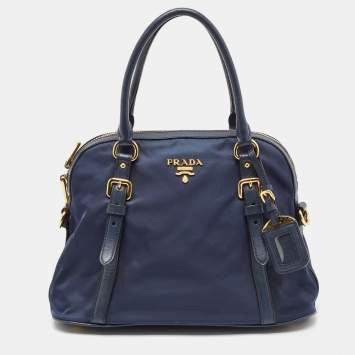 Pre Owned Prada Blue Nylon And Leather Zip Dome Satchel