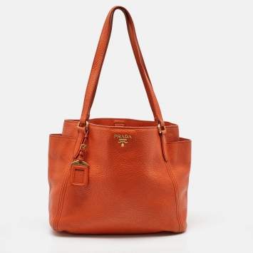 Pre Owned Prada Orange Leather Shopper Tote