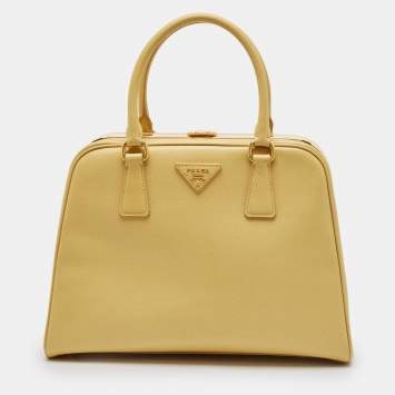 Pre Owned Prada Yellow Saffiano Lux Leather Pyramid Frame Satchel