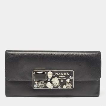 Pre Owned Prada Black Saffiano Leather Crystals Embellished Continental Wallet