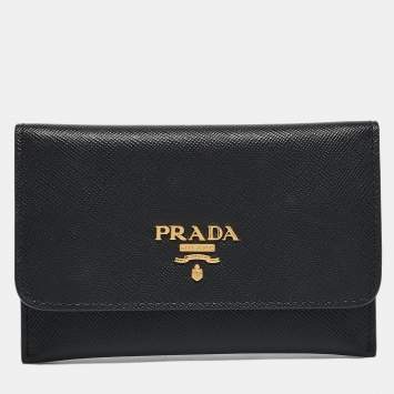 Pre Owned Prada Black Saffiano Metal Leather Card Case