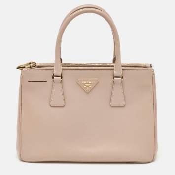 Pre Owned Prada Beige Saffiano Lux Leather Small Double Zip Tote