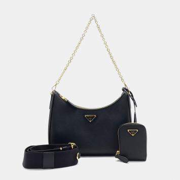 Pre Owned Prada Black Leather Luxe Chain Hobo Bag