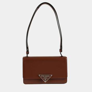 Prada Tobacco Brushed Leather Emblem Shoulder Bag