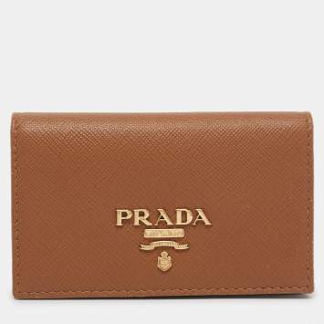 Pre Owned Prada Brown Saffiano Leather Flap Card Holder