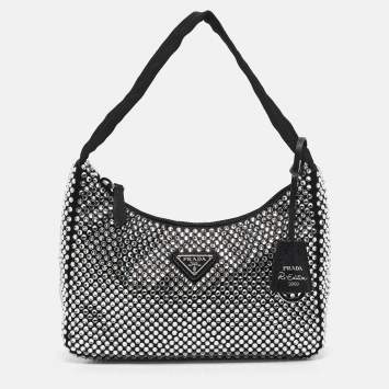 Pre Owned Prada Black Satin and Crystals Re-Edition 2000 Bag