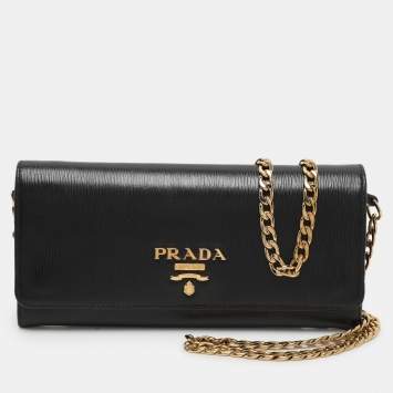 Pre Owned Prada Black Saffiano Move Leather Chain Wallet On Chain