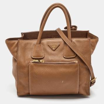 Pre Owned Prada Brown Leather Daino Front Pocket Tote