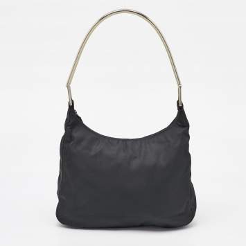 Pre Owned Prada Black Nylon Triangle Logo Metal Handle Hobo