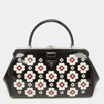 Pre Owned Prada Black Patent Leather Floral Applique Frame Doctor Top Handle Bag