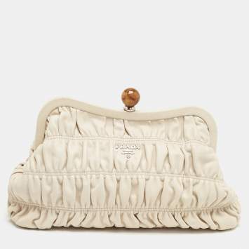Pre Owned Prada Cream Nappa Gaufre Leather Frame Clutch