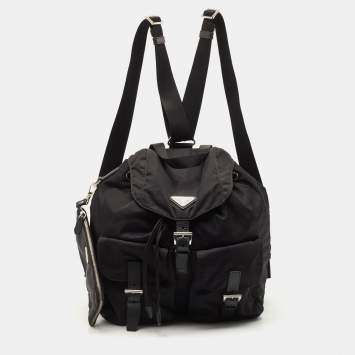Pre Owned Prada Black Nylon and Leather Double Pocket Drawstring Backpack