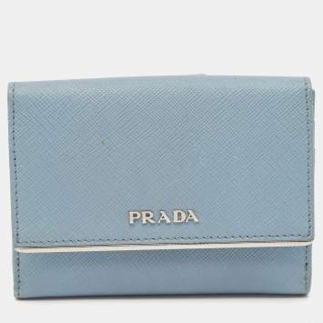Prada Light Blue Leather Metal Bar French Wallet