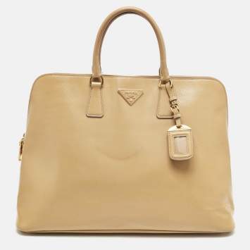 Prada Tan Saffiano Vernise Oversized Zip Satchel