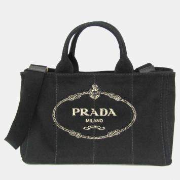Prada Black Canapa Canvas Top Handle Shoulder Bag