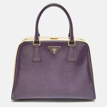 Prada Purple/Cream Saffiano Vernic Leather Pyramid Frame Satchel