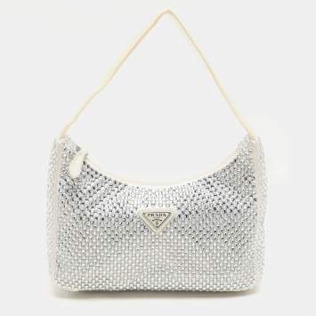 مملوكة مسبقًا Prada Off White Satin Crystal Embellished Re-Edition 2000 Baguette Bag