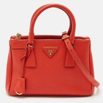 Pre Owned Prada Orange Saffiano Lux Leather Small Galleria Double Zip Tote