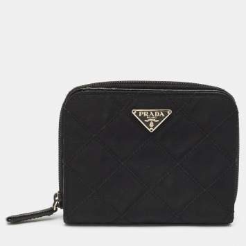 Pre Owned Prada Black Quilted Nylon Zip Around French Wallet