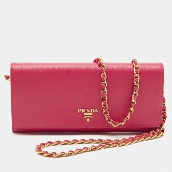 Pre Owned Prada Pink Saffiano Metal Leather Logo Flap Wallet On Chain