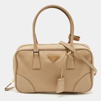 Prada Beige Saffiano Leather and Nylon Re-Edition 1978 Two Handle Bag 