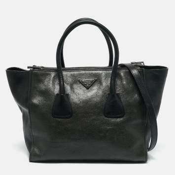 Prada Green/Black Leather Medium Twin Pocket Double Handle Tote