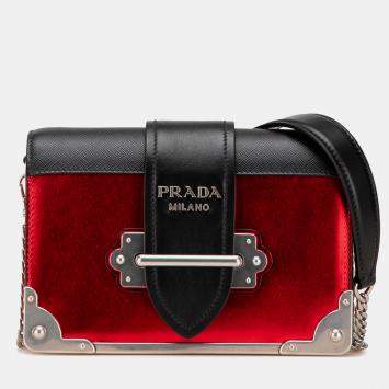 Pre Owned Prada Red Saffiano Trimmed City Calf Cahier Crossbody Bag