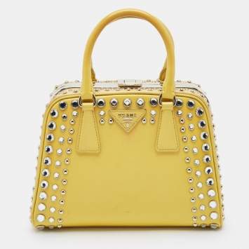 Prada Yellow/Cream Saffiano Patent Leather Small Studded Pyramid Frame Bag