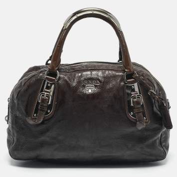 Prada Ombre Brown Crackled Patent Leather Bauletto Bag