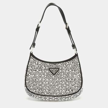 Prada Black Leather Cleo Crystal Embellished Shoulder Bag