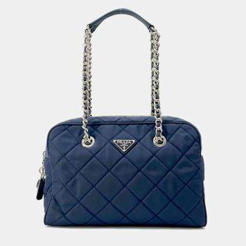 Prada Navy Nylon Mini Quilted Boston Bag