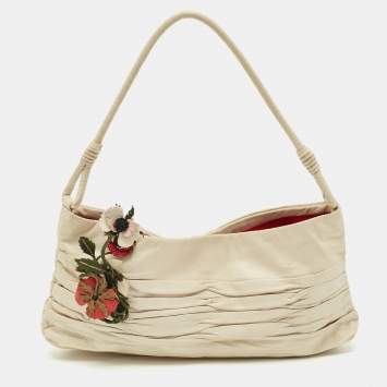 Prada Off White Ruched Leather Rose Applique Pochette