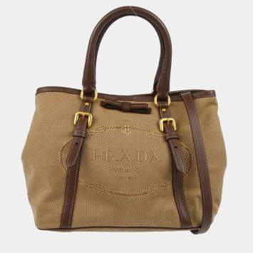 Pre Owned Prada Brown Logo Jacquard 2way Tote Handbag