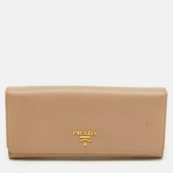 Prada Beige Saffiano Metal Leather Logo Flap Continental Wallet