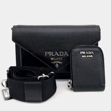 Prada Black Leather Saffiano Clutch and Crossbody Bag
