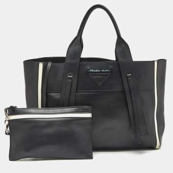 Pre Owned Prada Black/White Grace Lux Leather Large Ouverture Tote