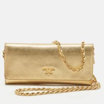 Prada Gold Saffiano Metal Leather Wallet on Chain